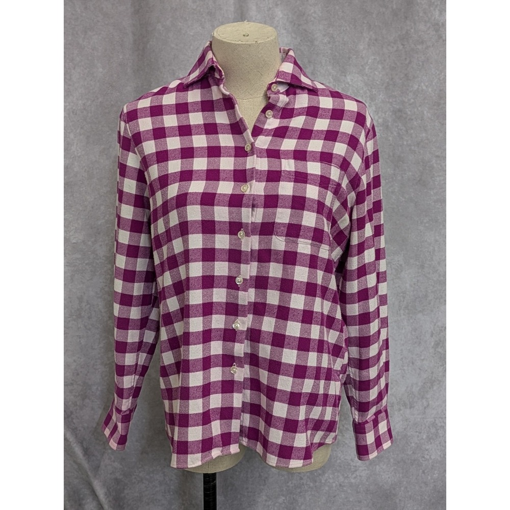 Lands' End Portuguese Flannel Shirt Womens XSP Purple‎ White Check Plaid C114